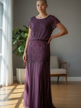 Adrianna Papell Plum Beaded Maxi Dress